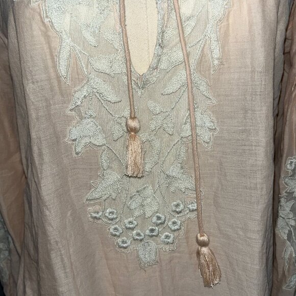 FREE PEOPLE Peach & Lace Peasant Top Long Sleeve Balloon Sleeves - Boho -EUC -XS - Picture 3 of 12